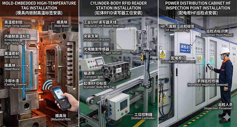 模具内嵌耐高温标签、缸体RFID读写器工位、配电柜HF巡检点三种典型工业硬件安装示意