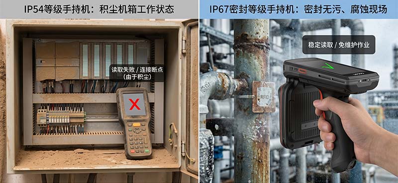 iP54与IP67工业RFID读写器在多尘潮湿车间现场的外观与工作状态对比